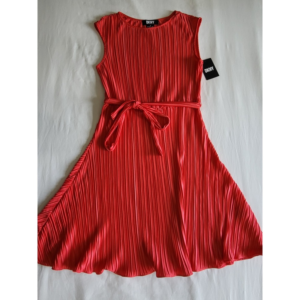 New DKNY Womens Red Accordion Pleated Sleeveless Belted Dress DD4AL510 Size 8